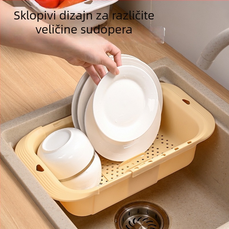 Stalak za posuđe s dvostrukim slojem, proširiva viseća posuda za pranje povrća, veliki kapacitet, PP materijal
