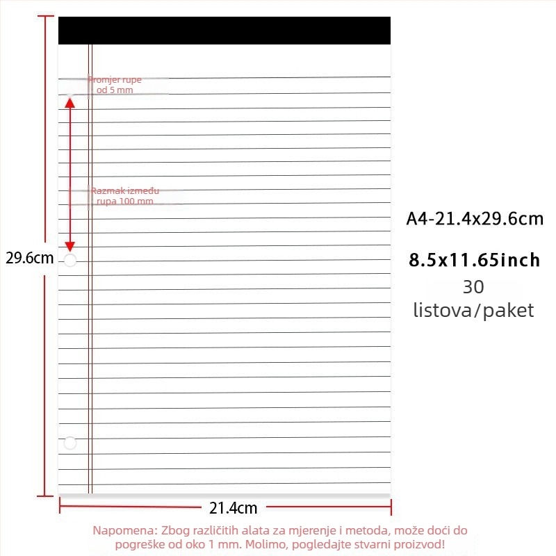 Bilježnica s listovima za slobodan list, američki trorupni uvez s tri rupe, linijske unutarnje stranice, papir 70 g/m2