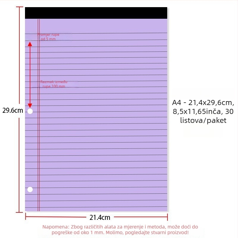 Bilježnica s listovima za slobodan list, američki trorupni uvez s tri rupe, linijske unutarnje stranice, papir 70 g/m2