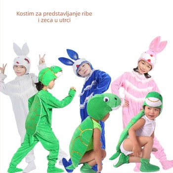 Dječji scenski kostim — tema crtić s kornjačom i zeko, baršunasta tkanina, 100% poliester, pogodan za kazališne predstave