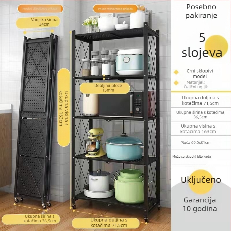Sklopivi kuhinjski stalak za pohranu, 3 etaže, od karbonskog čelika, bez ugradnje, s kotačićima (bez ugradnje, s kotačićima, 3 etaže, karbonsko čelika)