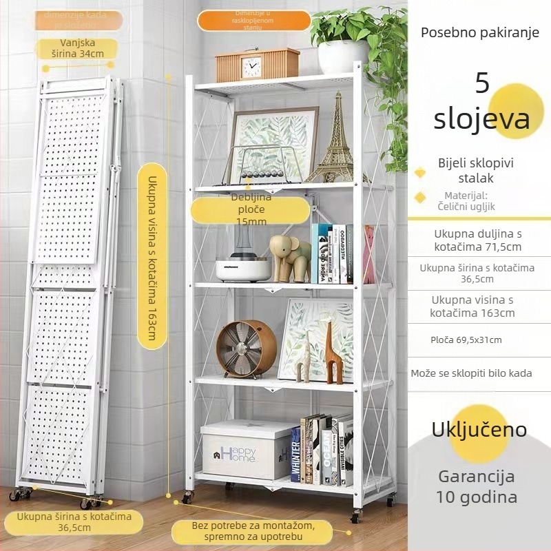 Sklopivi kuhinjski stalak za pohranu, 3 etaže, od karbonskog čelika, bez ugradnje, s kotačićima (bez ugradnje, s kotačićima, 3 etaže, karbonsko čelika)