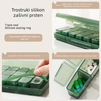 Prijenosna kutija za lijekove sa sedmodnevnim odjeljcima i tri dnevne doze, kompaktna s poklopcem i odjeljcima, PP+PC materijal, otpornost na prašinu, kapacitet 2 L