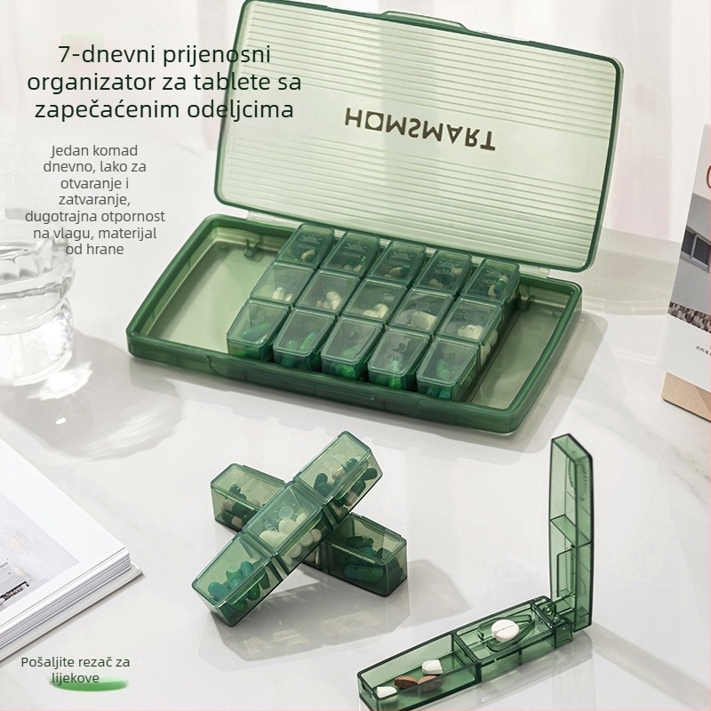 Prijenosna kutija za lijekove sa sedmodnevnim odjeljcima i tri dnevne doze, kompaktna s poklopcem i odjeljcima, PP+PC materijal, otpornost na prašinu, kapacitet 2 L