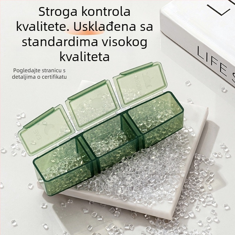 Prijenosna kutija za lijekove sa sedmodnevnim odjeljcima i tri dnevne doze, kompaktna s poklopcem i odjeljcima, PP+PC materijal, otpornost na prašinu, kapacitet 2 L