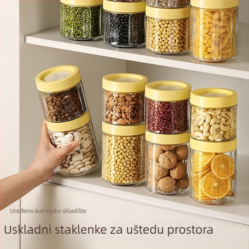 Stakleni hermetički posuda za kuhinju – okrugla, otporna na vlagu, za zrna kave, orašaste plodove i čaj, 301–500 ml, moderni minimalistički stil