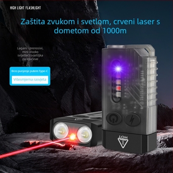 3-u-1 svjetiljka za samoodbranu s laserskim pokazivačem za učenje, alarmom visokog decibela i svjetlom na ključevima; LED 10W, baterija 1000 mAh, ručni pogon, domet 50-100 m, zaštita od preopterećenja