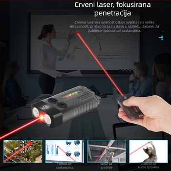 3-u-1 svjetiljka za samoodbranu s laserskim pokazivačem za učenje, alarmom visokog decibela i svjetlom na ključevima; LED 10W, baterija 1000 mAh, ručni pogon, domet 50-100 m, zaštita od preopterećenja