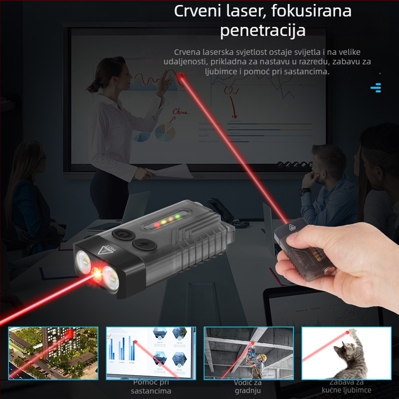3-u-1 svjetiljka za samoodbranu s laserskim pokazivačem za učenje, alarmom visokog decibela i svjetlom na ključevima; LED 10W, baterija 1000 mAh, ručni pogon, domet 50-100 m, zaštita od preopterećenja