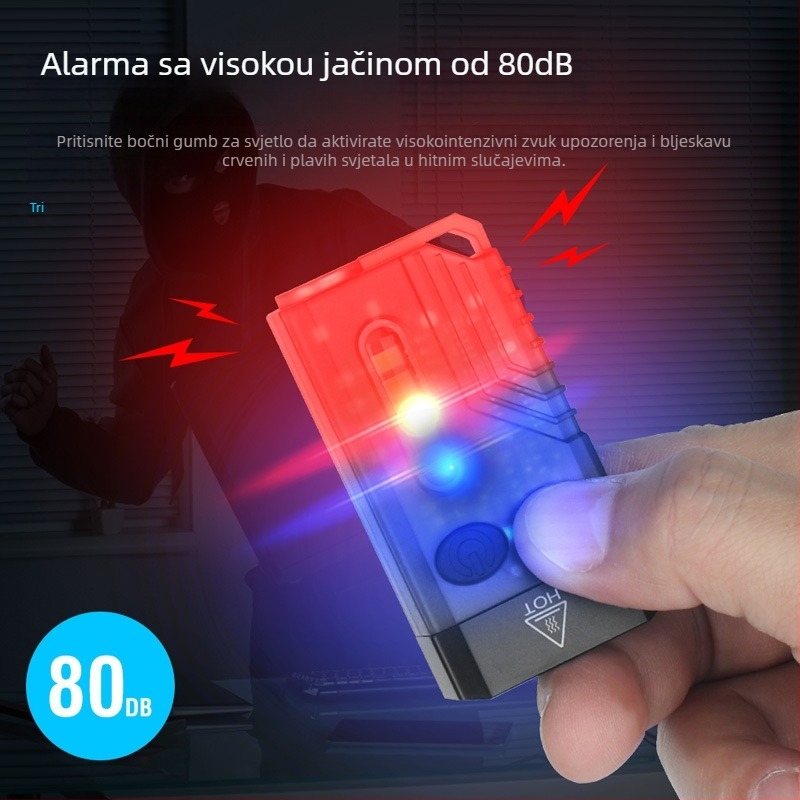 3-u-1 svjetiljka za samoodbranu s laserskim pokazivačem za učenje, alarmom visokog decibela i svjetlom na ključevima; LED 10W, baterija 1000 mAh, ručni pogon, domet 50-100 m, zaštita od preopterećenja