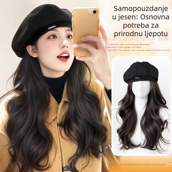 Beret stil šešir-perika s dugom kovrčavom kosom, visoko temperaturna svila, duga kosa, prirodan izgled