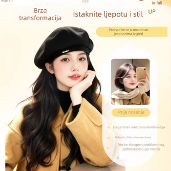 Beret stil šešir-perika s dugom kovrčavom kosom, visoko temperaturna svila, duga kosa, prirodan izgled