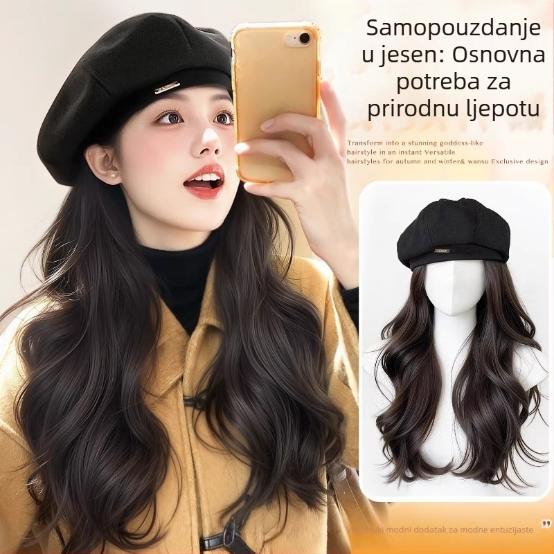 Beret stil šešir-perika s dugom kovrčavom kosom, visoko temperaturna svila, duga kosa, prirodan izgled