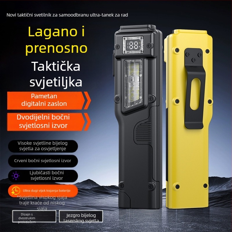 Taktička ultra-tanka svjetiljka s klipom za olovku, aluminijska legura, 1000 mAh, 10W, ručno pokretanje energije, domet 200–500 m