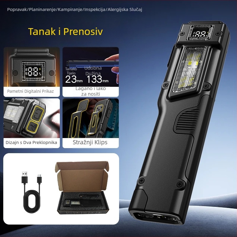 Taktička ultra-tanka svjetiljka s klipom za olovku, aluminijska legura, 1000 mAh, 10W, ručno pokretanje energije, domet 200–500 m