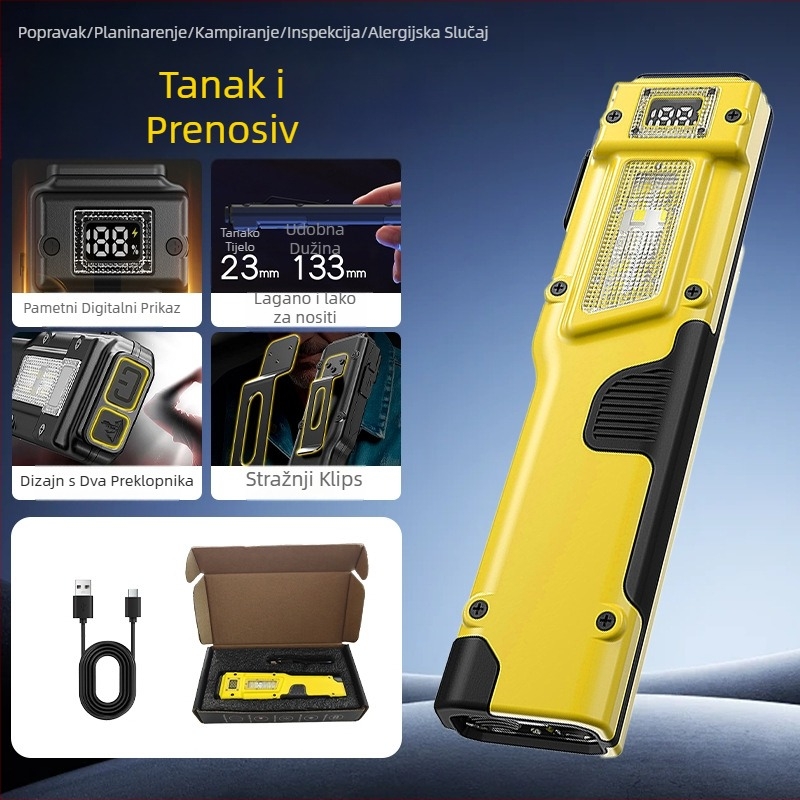 Taktička ultra-tanka svjetiljka s klipom za olovku, aluminijska legura, 1000 mAh, 10W, ručno pokretanje energije, domet 200–500 m