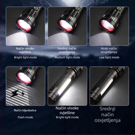 Svjetiljka s laserom i COB LED, USB punjenje, digitalni zaslon, za vanjsku upotrebu (50 W; 6000 mAh; domet >500 m; vodootporna)