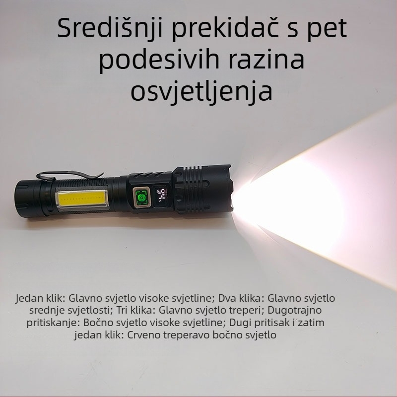 LED svjetiljka s COB bočnim osvjetljenjem, magnetska klipsa za olovku, LCD zaslon, 20W, 1200mAh punjiva, bijelo lasersko svjetlo