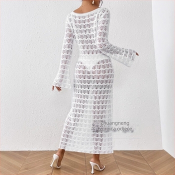 Dugačka pletena haljina sa spaghetti naramenicama, jednostrani ovratnik, prugasti uzorak, elegantan stil