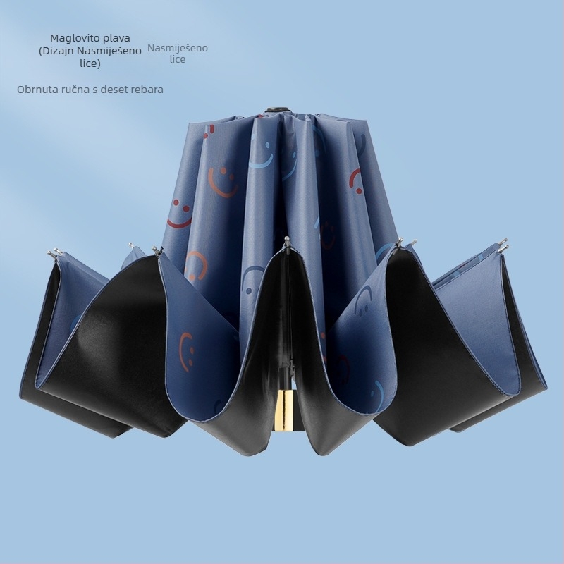 Kišobran za kišu i sunce, s 10 rebara, trodijelni sklopni dizajn, ručno otvaranje, metalne šipke i cijevi, plastična ručka, tkanina 190T, UPF >50