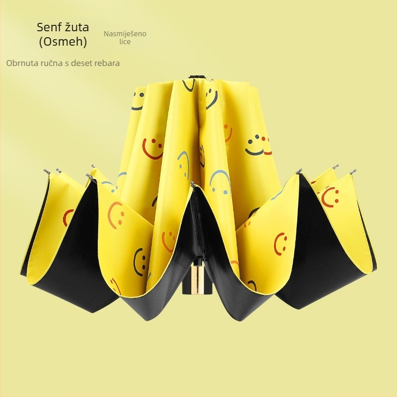 Kišobran za kišu i sunce, s 10 rebara, trodijelni sklopni dizajn, ručno otvaranje, metalne šipke i cijevi, plastična ručka, tkanina 190T, UPF >50