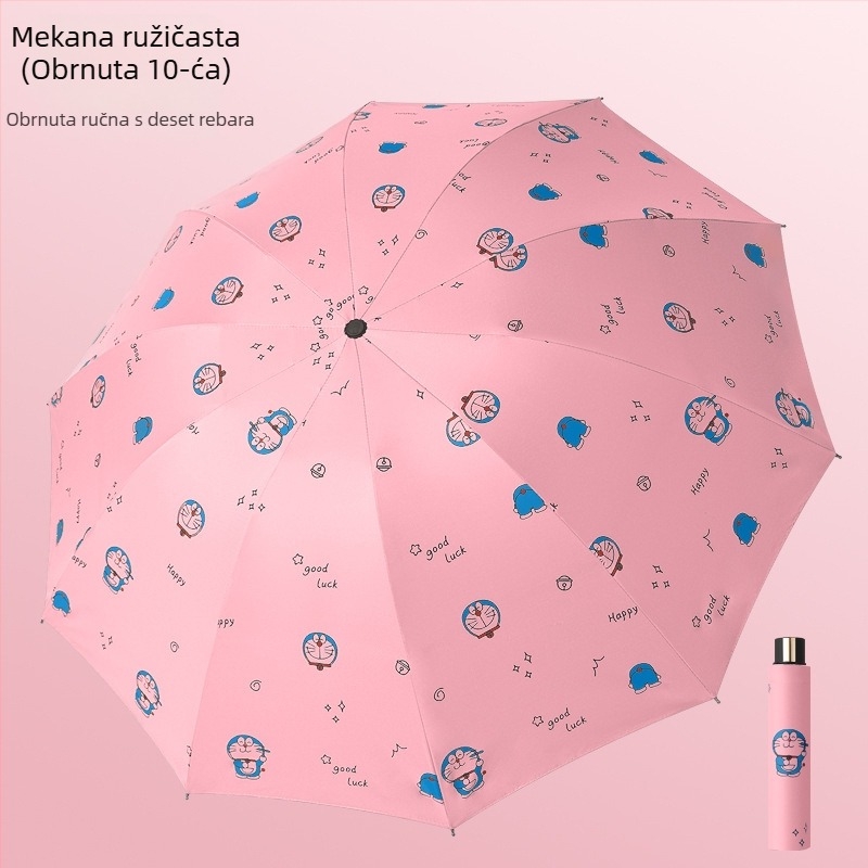 Kišobran za kišu i sunce, s 10 rebara, trodijelni sklopni dizajn, ručno otvaranje, metalne šipke i cijevi, plastična ručka, tkanina 190T, UPF >50