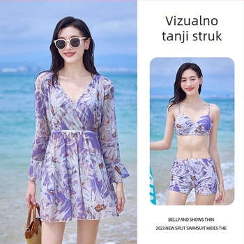 Ženski kupaći kostim u korejskom stilu, seksi s dugim rukavima, trodjelni set za pokrivanje trbuha