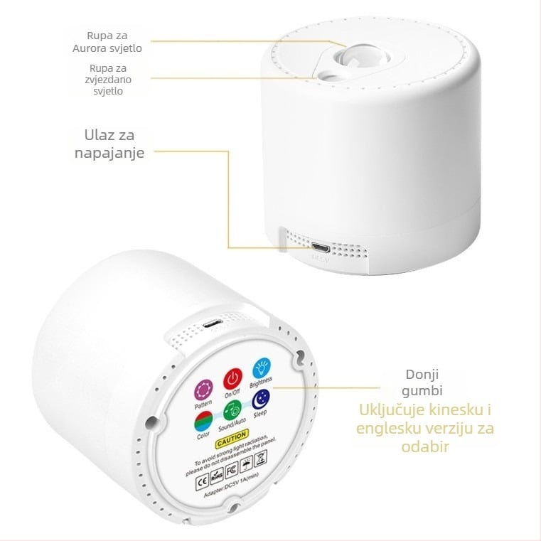 LED noćna lampica za projekciju Aurora Borealis sa zvjezdanom nebom, USB napajanje, daljinski upravljač, PVC abažur