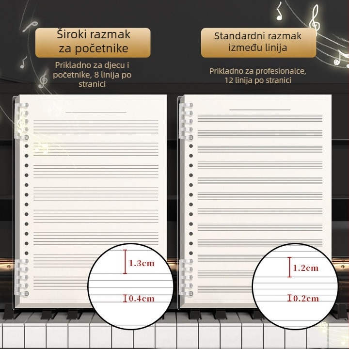 Kohara bilježnica muzičkih bilješki s petlinijskim sustavom za klavir i gitaru, s otvorenim listovima, PP omot, papir 68 g/m², 100–200 stranica