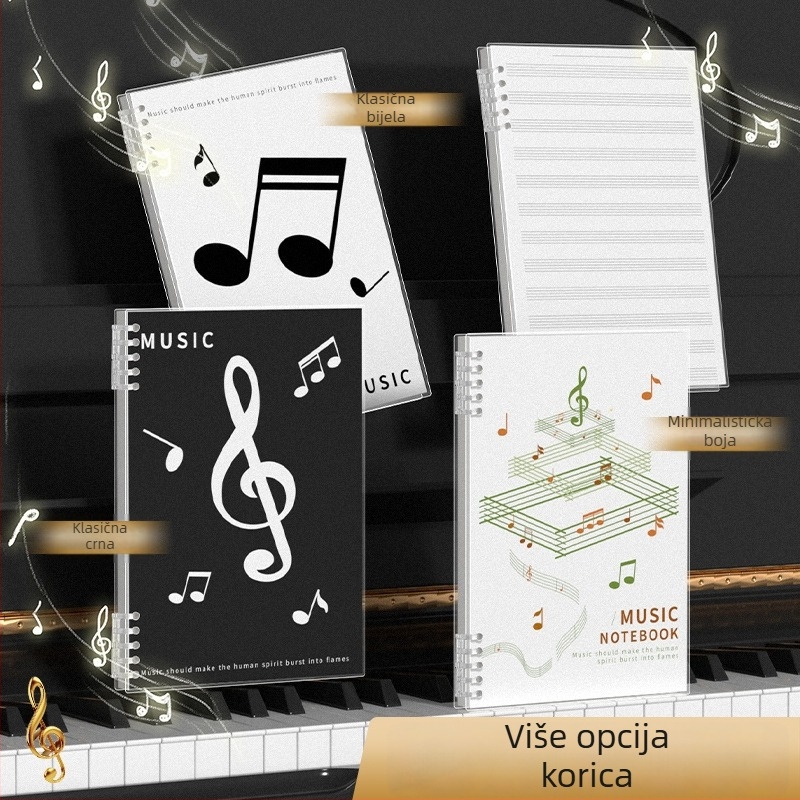 Kohara bilježnica muzičkih bilješki s petlinijskim sustavom za klavir i gitaru, s otvorenim listovima, PP omot, papir 68 g/m², 100–200 stranica