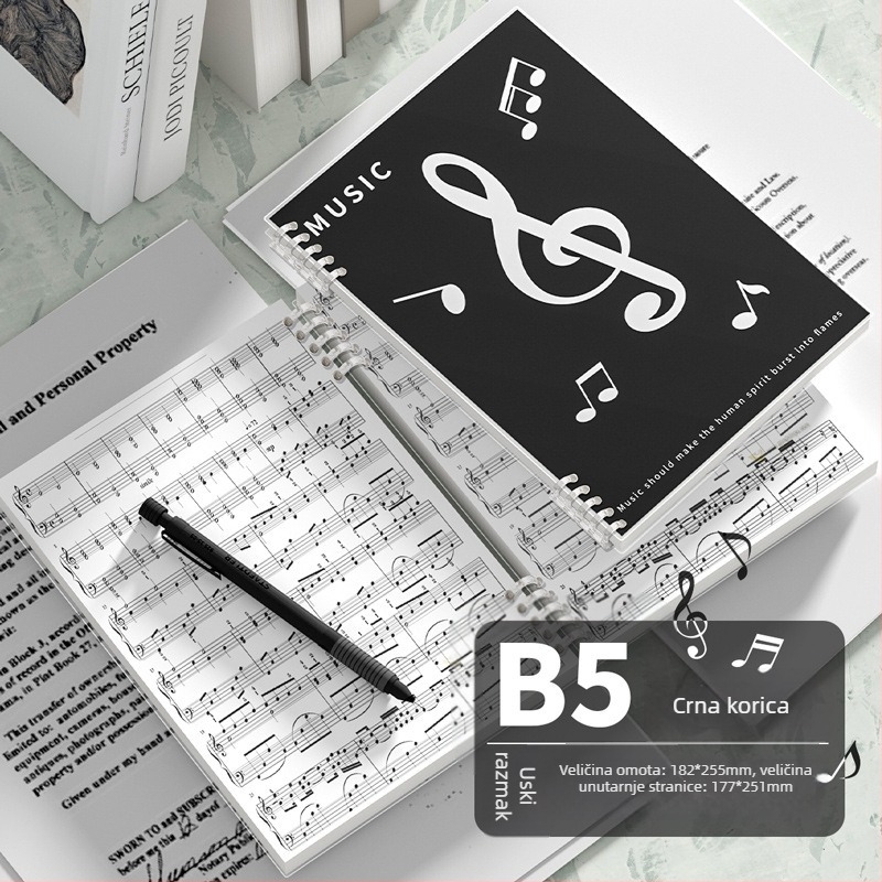 Kohara bilježnica muzičkih bilješki s petlinijskim sustavom za klavir i gitaru, s otvorenim listovima, PP omot, papir 68 g/m², 100–200 stranica