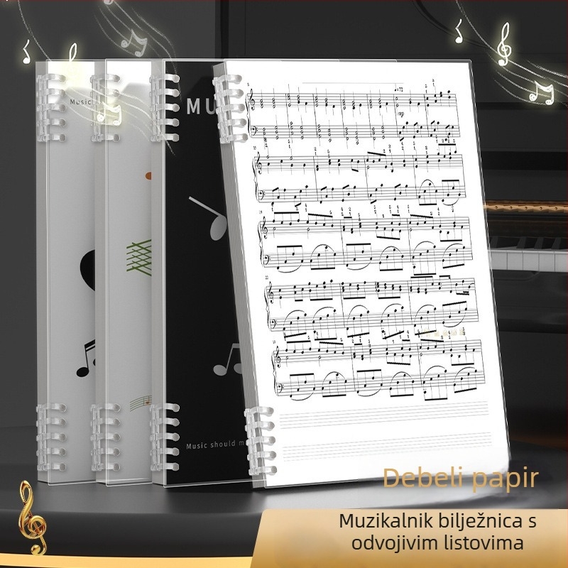 Kohara bilježnica muzičkih bilješki s petlinijskim sustavom za klavir i gitaru, s otvorenim listovima, PP omot, papir 68 g/m², 100–200 stranica