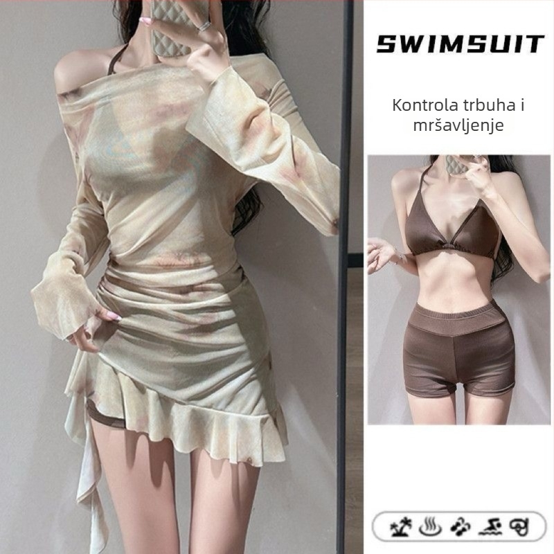 Trodjelni bikini set s halter vrhom, pokrivenim trbuhom, seksi i modern kupaći kostim za plažu