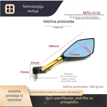 OLIA Mtg-2466 CNC dugački ručni ogledalo osmerokutnog oblika za motocikle, aluminijska legura, univerzalna kompatibilnost
