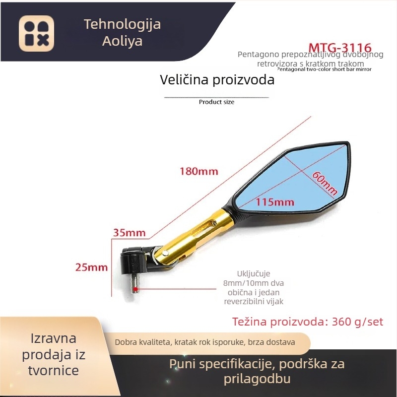 OLIA Mtg-2466 CNC dugački ručni ogledalo osmerokutnog oblika za motocikle, aluminijska legura, univerzalna kompatibilnost