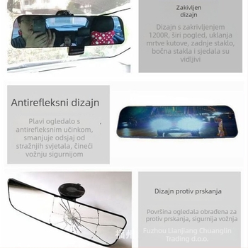 Automobilski širokokutni retrovizor s usisnom držačem, zakrivljena površina, veliko vidno polje, antirefleksijski