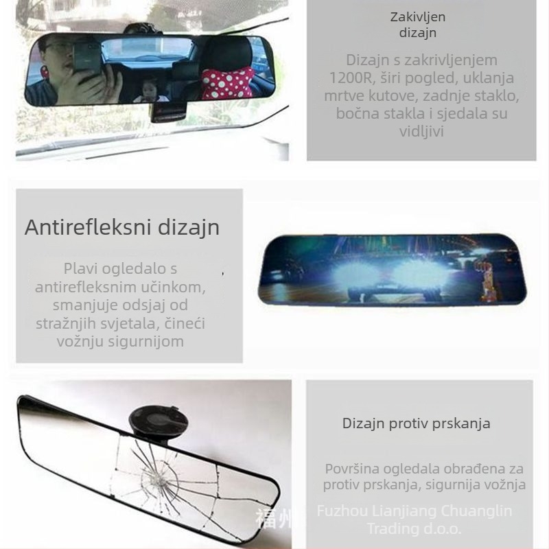 Automobilski širokokutni retrovizor s usisnom držačem, zakrivljena površina, veliko vidno polje, antirefleksijski