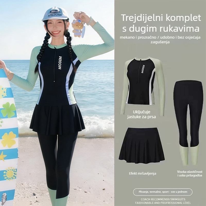 Ženski kupaći kostim od tri komada s dugim rukavima i dugim hlačama, konzervativan stil, zaštita od sunca, efekt stišavanja, s umetcima za dojke — Milk Silk materijal, 96% poliester, podstava 94% poliester, težina 170 g