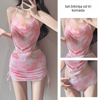 Ženski trodijelni bikini set, tie-dye print, poliester s brzim sušenjem, s jastučićima u cupama, bez čelične potpore