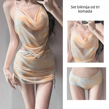 Ženski trodijelni bikini set, tie-dye print, poliester s brzim sušenjem, s jastučićima u cupama, bez čelične potpore