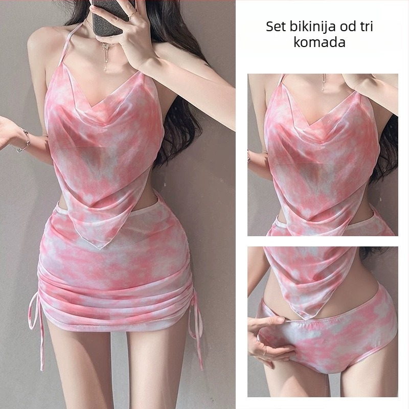 Ženski trodijelni bikini set, tie-dye print, poliester s brzim sušenjem, s jastučićima u cupama, bez čelične potpore
