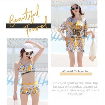 Ženski tridijelni kupaći kostim, floralni uzorak, korejski stil, s jastučićima za prsa bez čelične potpore, poliester