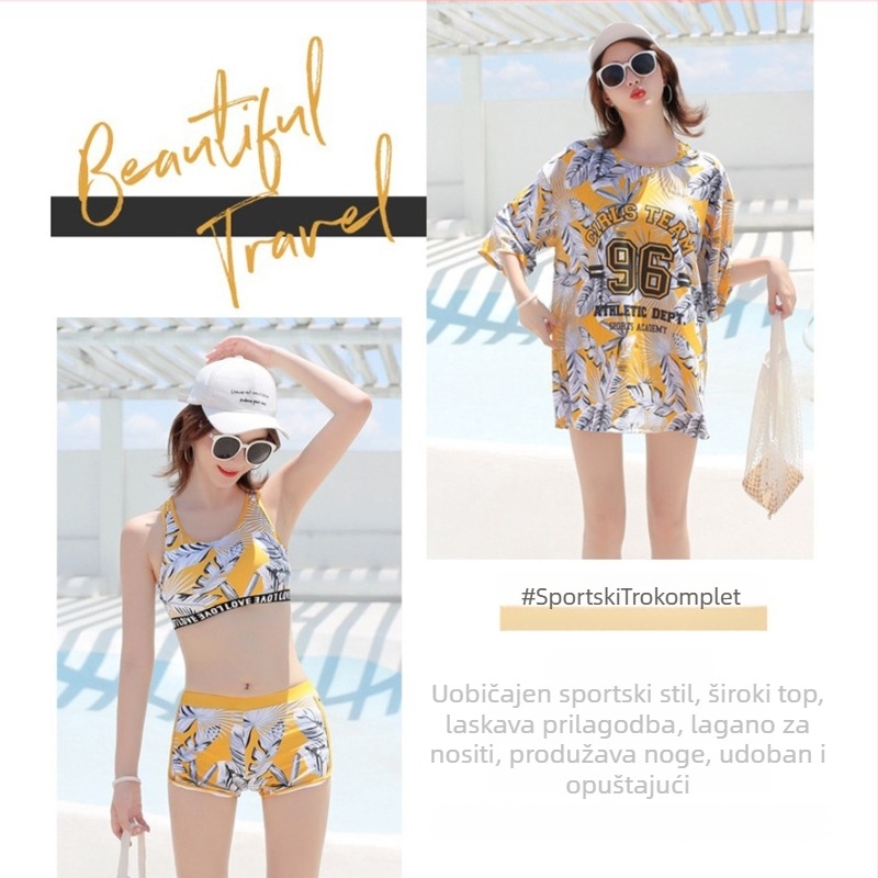 Ženski tridijelni kupaći kostim, floralni uzorak, korejski stil, s jastučićima za prsa bez čelične potpore, poliester