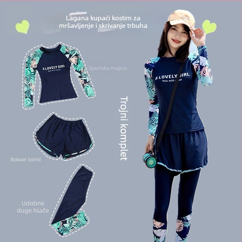 Ženski trodijelni kupaći set s dugim rukavima i dugim hlačama, konzervativan kroj, kontrola trbuha, poliester, za ronjenje, toplinski izvori i surfanje