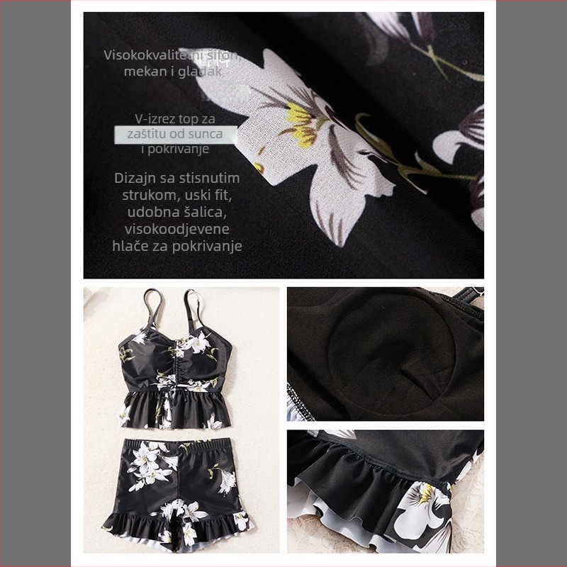 Ženski kupaći set, jednostavan uzorak, visok struk, dugi rukavi, jastučići za prsni koš; poliester-elastični 94/6