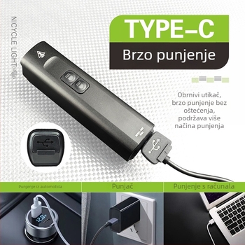 Lanetop prednja svjetiljka za planinski bicikl za noćnu vožnju, visoka svjetlost, aluminijska legura, vodootporna, Type-C punjenje