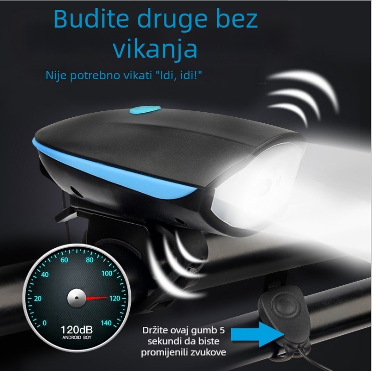 USB punjivi prednji svjetlosni za bicikl s rogom za planinske bicikle, s mogućnošću prilagodbe postavki