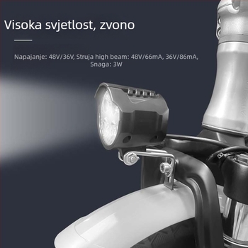 LED prednje svjetlo za električni bicikl za noćnu vožnju, vodootporno, visoka svjetlina, sa sirenom, 48V/36V