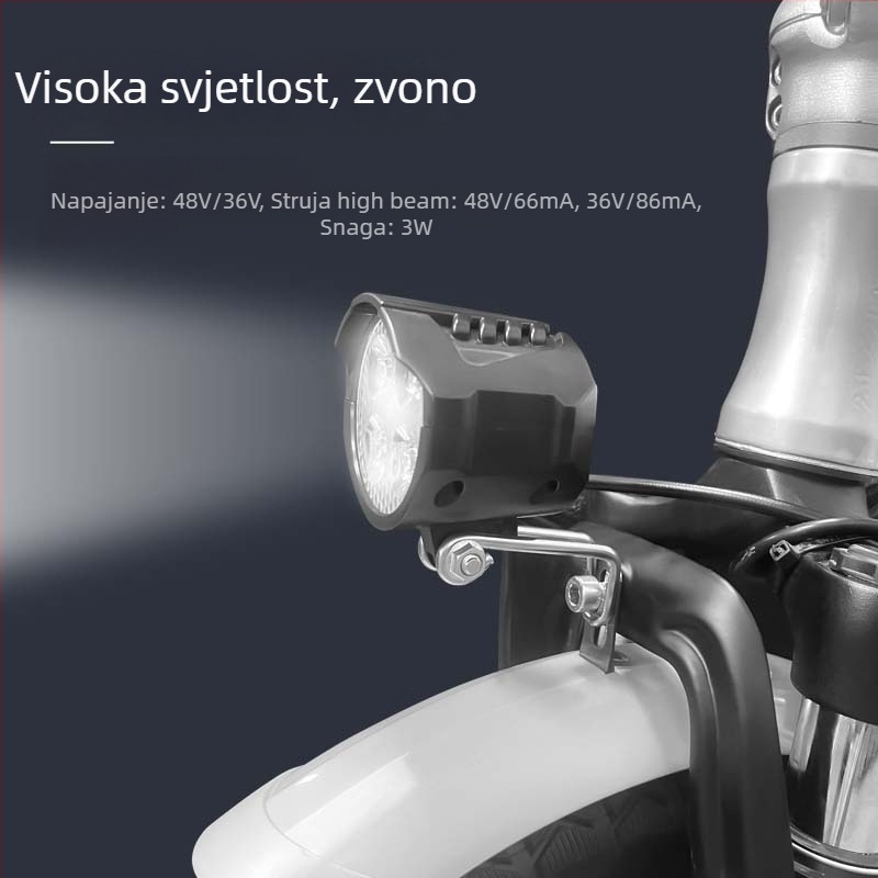 LED prednje svjetlo za električni bicikl za noćnu vožnju, vodootporno, visoka svjetlina, sa sirenom, 48V/36V