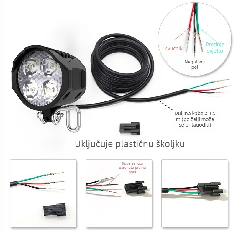 LED prednje svjetlo za električni bicikl za noćnu vožnju, vodootporno, visoka svjetlina, sa sirenom, 48V/36V